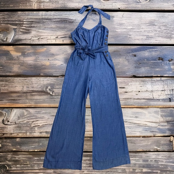 Anthropologie Pants - Elevenses Anthropologie Sharlene Denim Chambray Halter Neck Jumpsuit Romper